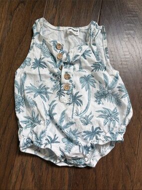 Show Me Your Mumu Baby Blue Palm-Print Sleeveless Romper